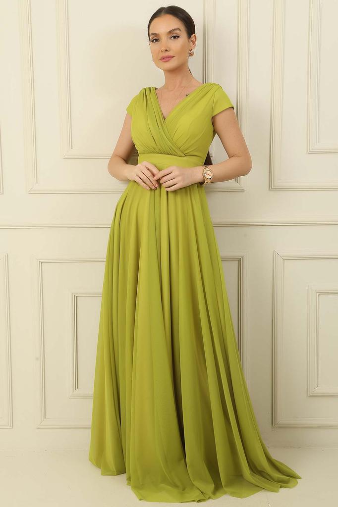 Double Breasted Neckline Sleeveless Full Circle Flare Lined Chiffon Tulle Long Dress