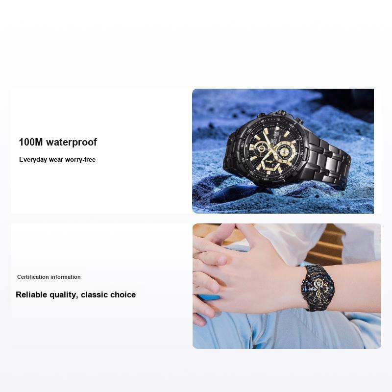 Casio Edifice Series Black Gold Classic Three Eyes Waterproof Quartz Movement Stainless Steel Strap Watch Men watches EFR-539BK-1A Regular Watch Box,Black Gold Watch Dial