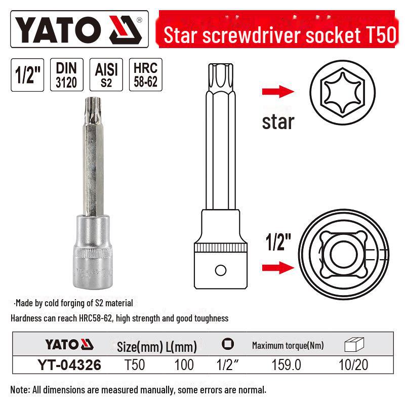 YATO 1/2" Star Screwdriver Socket Set, Chrome Vanadium Steel, S2 Head
