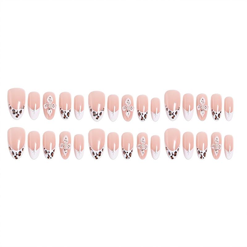 3D Stereo Floral Short Almond Nails with Leopard Print