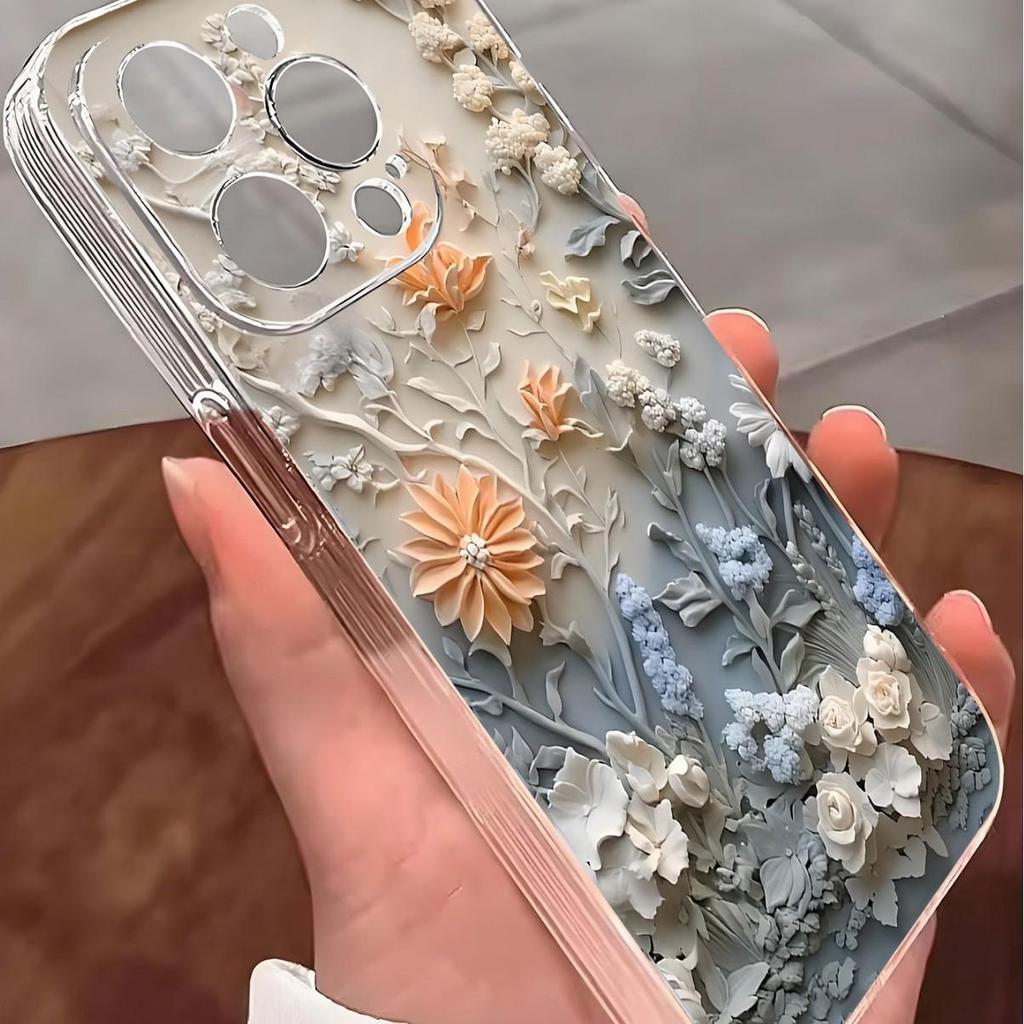 Shockproof Clear Case with Embossed Flower Design for iPhone 14/15/16/17 Promax Series