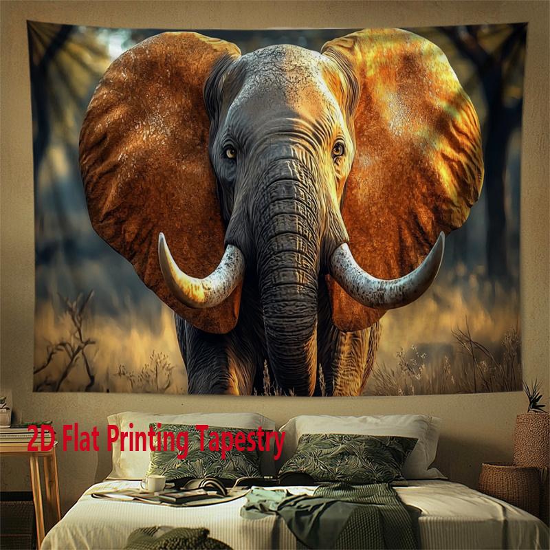 Realistic African Elephant Tapestry Majestic Tusker in Savannah Wall Hanging Wild Animal Room Decor suitable offices bars party