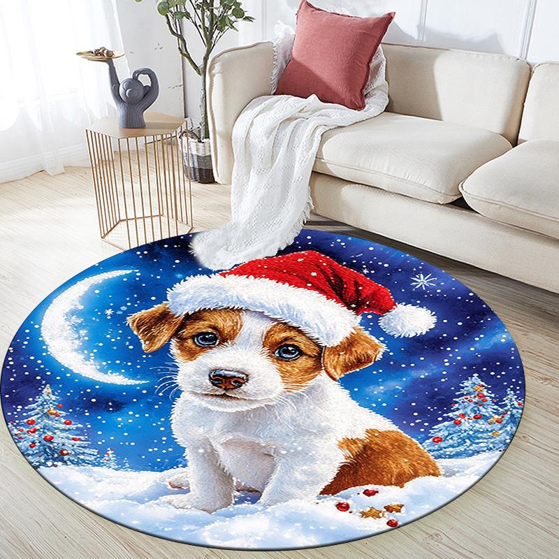Christmas Puppy Round Area Rug,Carpet Rug for Living Room Bedroom Sofa Playroom Decor,Non-slip Floor Mat