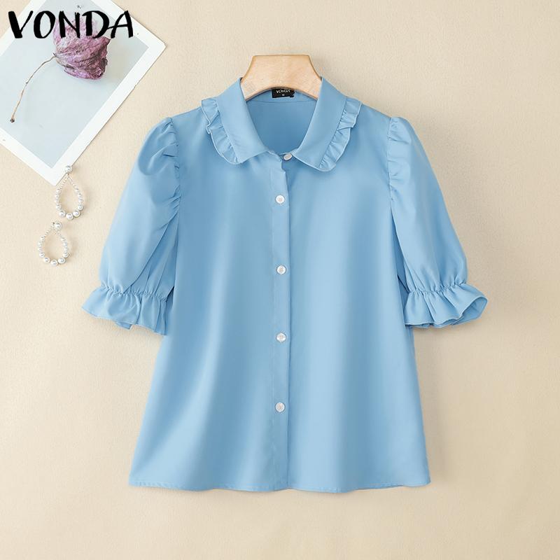 

VONDA Women Doll Collar Puff Sleeve Buttons Up Ruffled Solid Casual Blouse 4XL синий