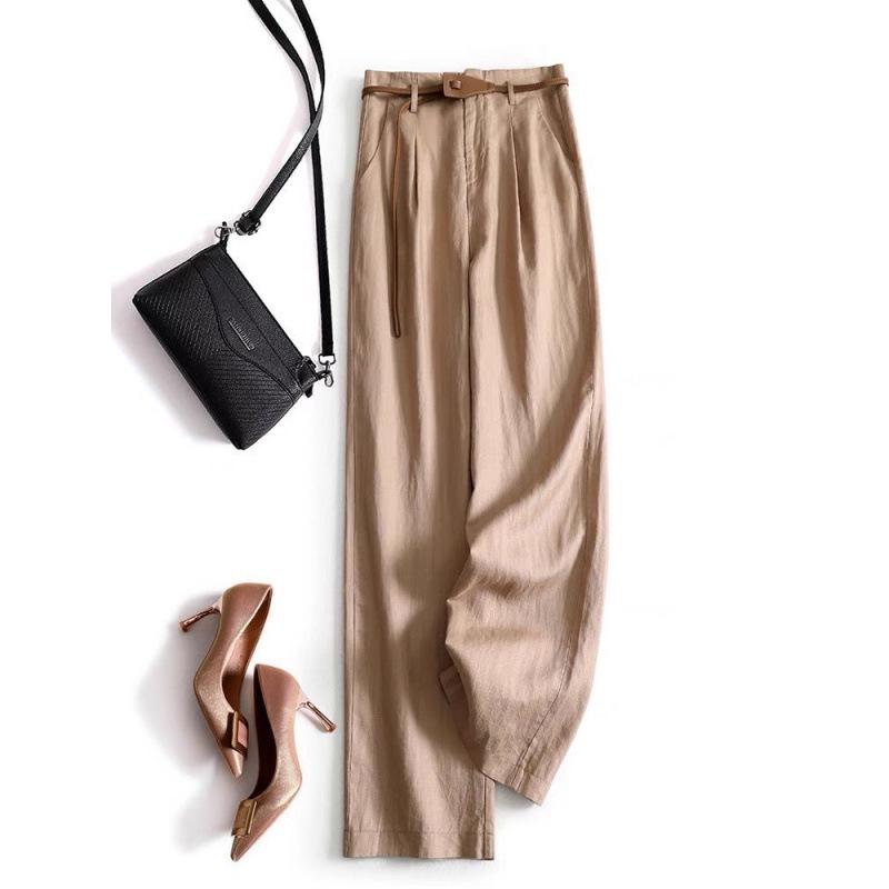 Tencel Linen High-Waisted Flare Pants - Lightweight, Loose, Wide-Leg for Women L хаки
