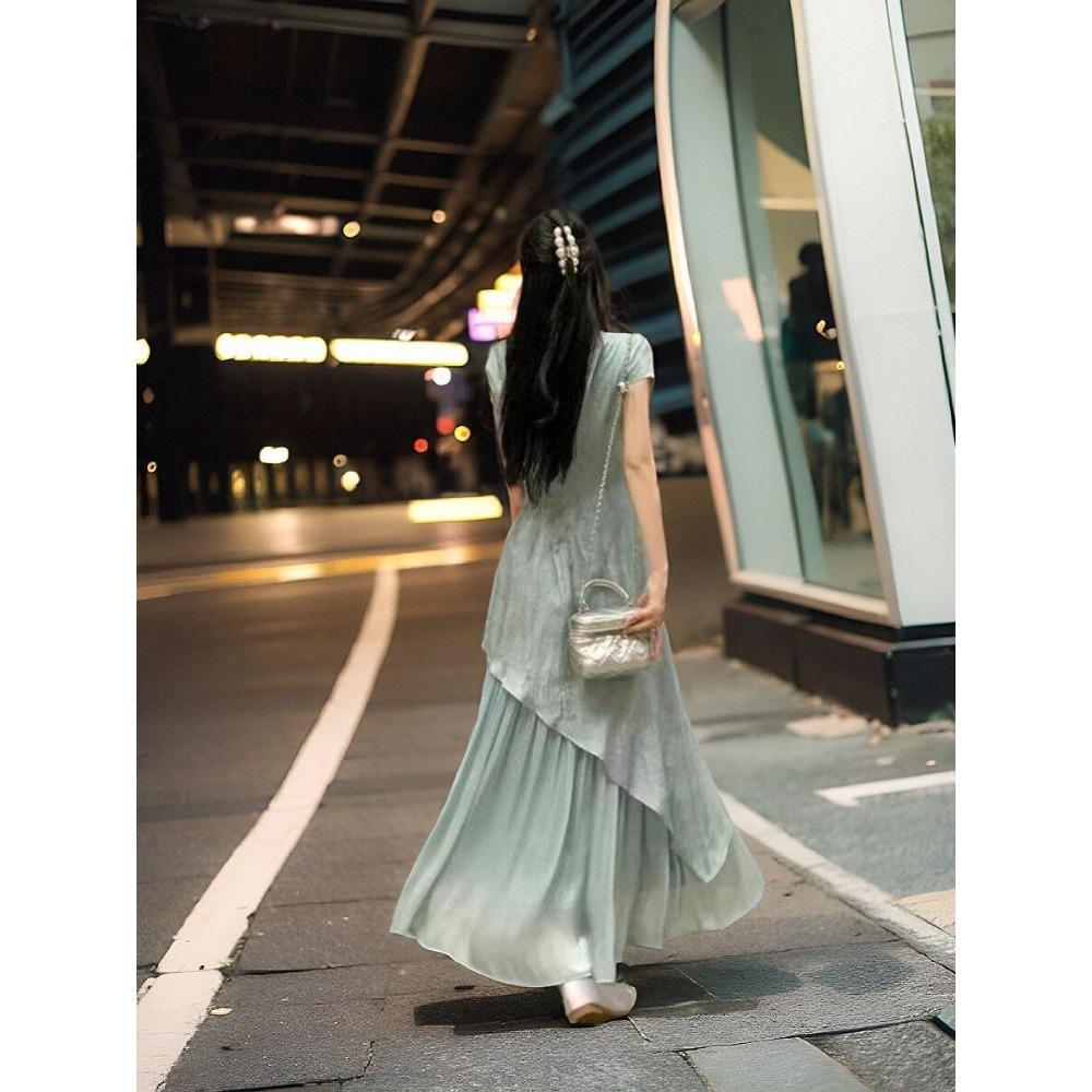 New Chinese Cheongsam Summer New Style Fashionable Irregular Fake Two-piece Slim Dress