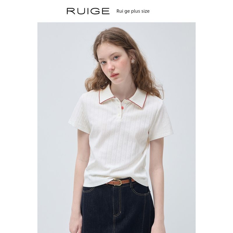 

Ruige Plus Size Women s Regular Shoulder T-Shirt Polo Collar Knitted Short Sleeve New Summer Slim Fit Slightly Plus Size White Top Morning Mist White M