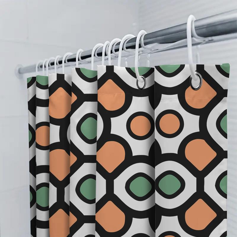 Modern Geometric Shower Curtain Set With Orange Green Black Pattern Bathroom Decoration Waterproof Fabric 72X84 Inch