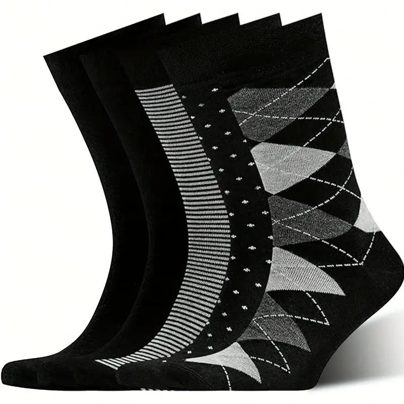 5 Pairs Mens Argyle Striped Solid Ribbed Black Crew Dress Socks Patterned Daily Business Socks