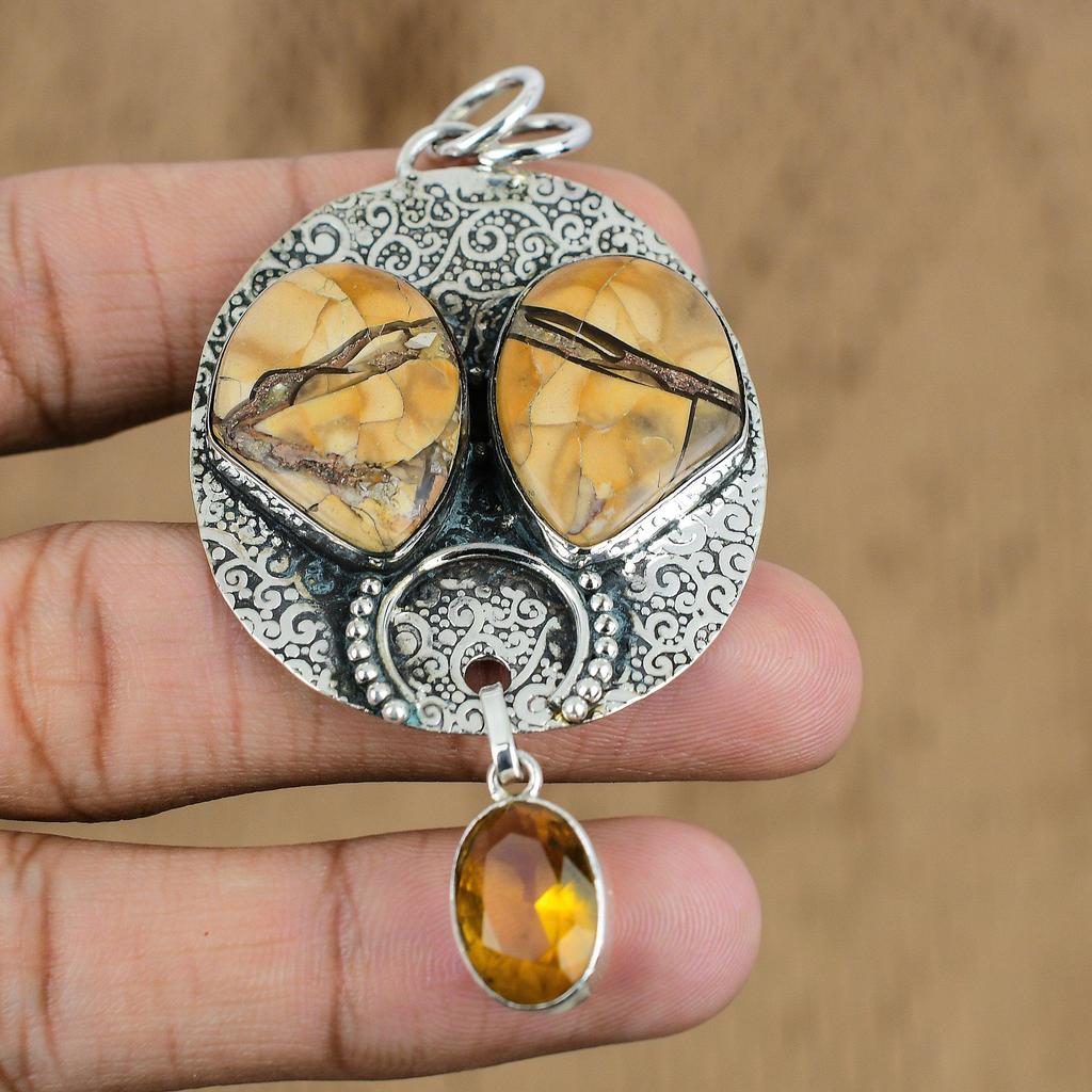 Brecciated Mookaite Gemstone Citrine Handcrafted Wedding Pendant Sterling Silver