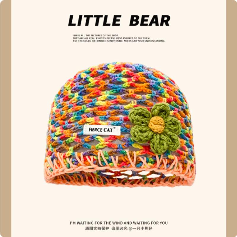 Korean Style Colorful Dopamine Hollow Flower Knitted Hat for Women Summer Versatile Light Handmade Crochet Pullover Beanie Caps