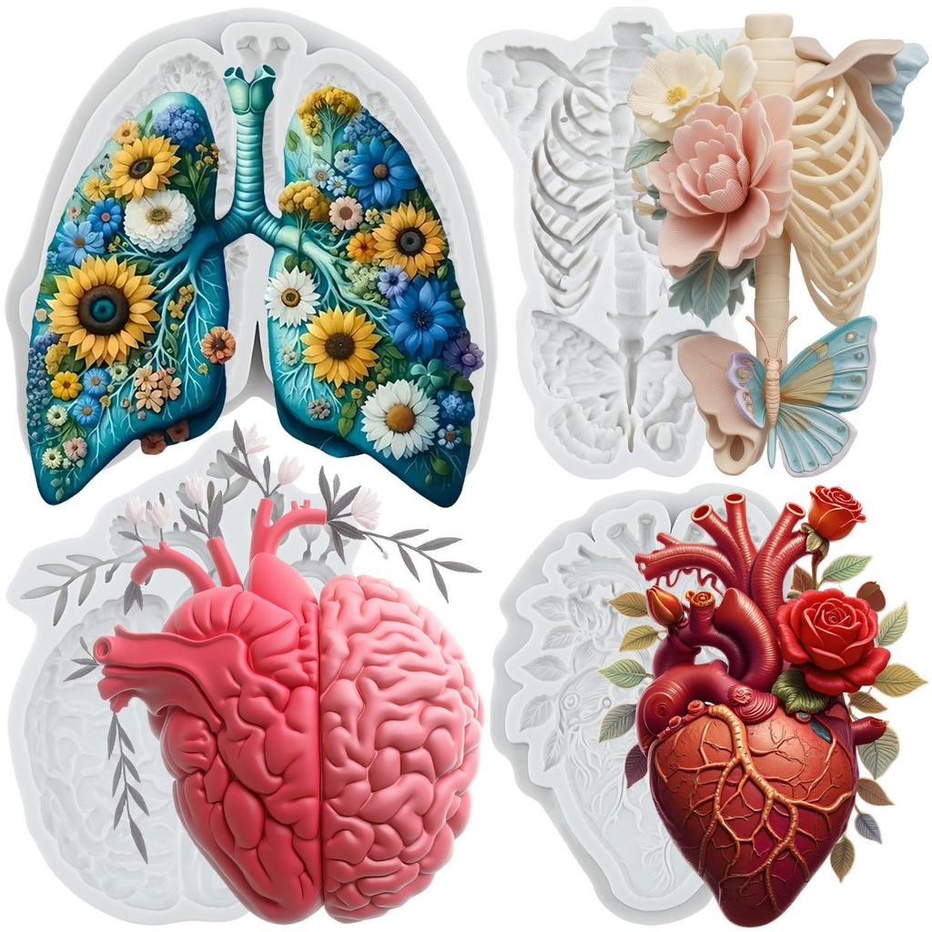 Human Organs Silicone Mold Lung Heart Brain Skull Skeleton Fondant Molds Cake Decorating Tools Cupcake Topper Candy Sugar Craft Gum Paste Polymer Clay
