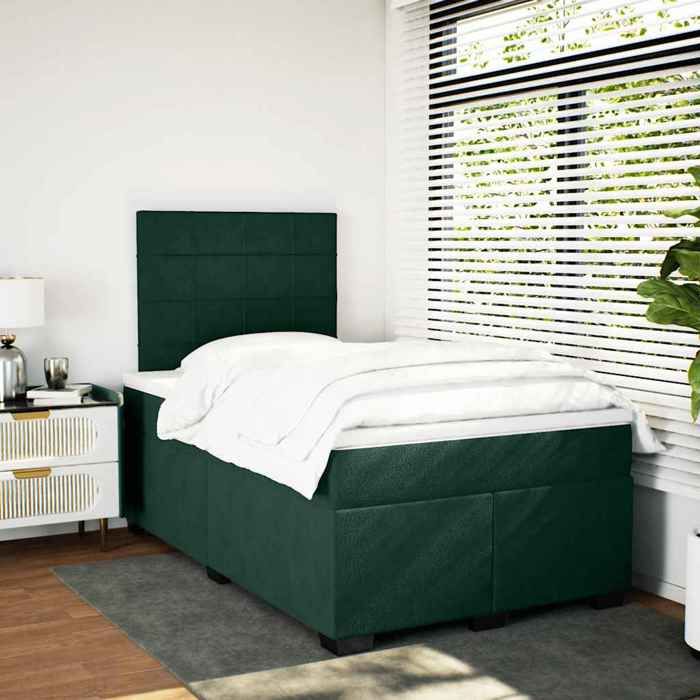 Cadre de lit avec matelas - 120x190 cm - Tête de lit réglable - Surmatelas amovible - Velours vert foncé