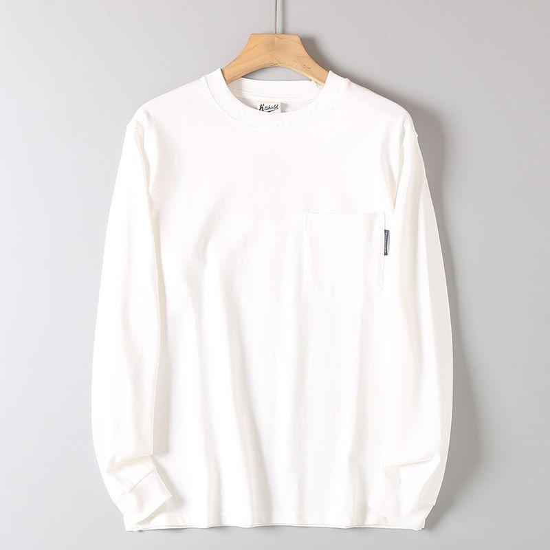 310g Heavyweight Vintage Pure Cotton Simple Pocket Design Solid Color Long-Sleeve T-Shirt for Men Casual Loose Round Neck Base Shirt