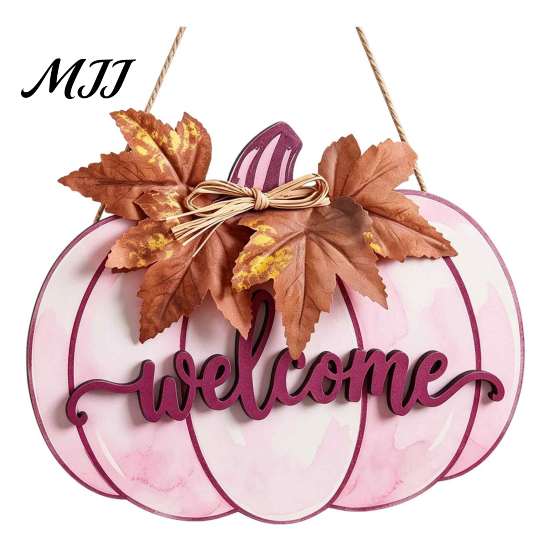 Fall Harvest Theme Ornaments Wooden Pumpkin Welcome Sign for Front Door, Rustic Hanging Pendant with Outdoor Seasonal Entryway Ornament 3D Embossed