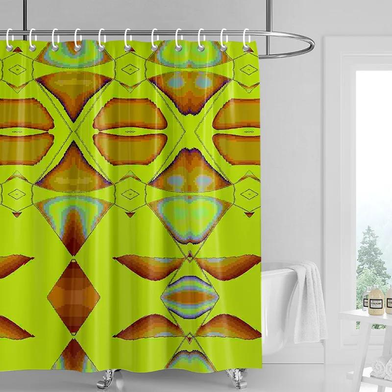 Vibrant geometric shower curtain-purple, pink, yellow and blue symmetrical pattern, modern bathroom decoration W90xH180cm