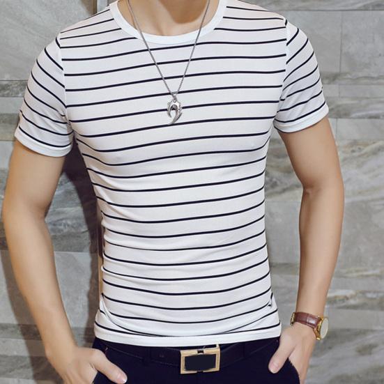Men T-shirt Contrast Color O Neck Short Sleeve Stripe Print Formal Summer Base Top Male Clothes