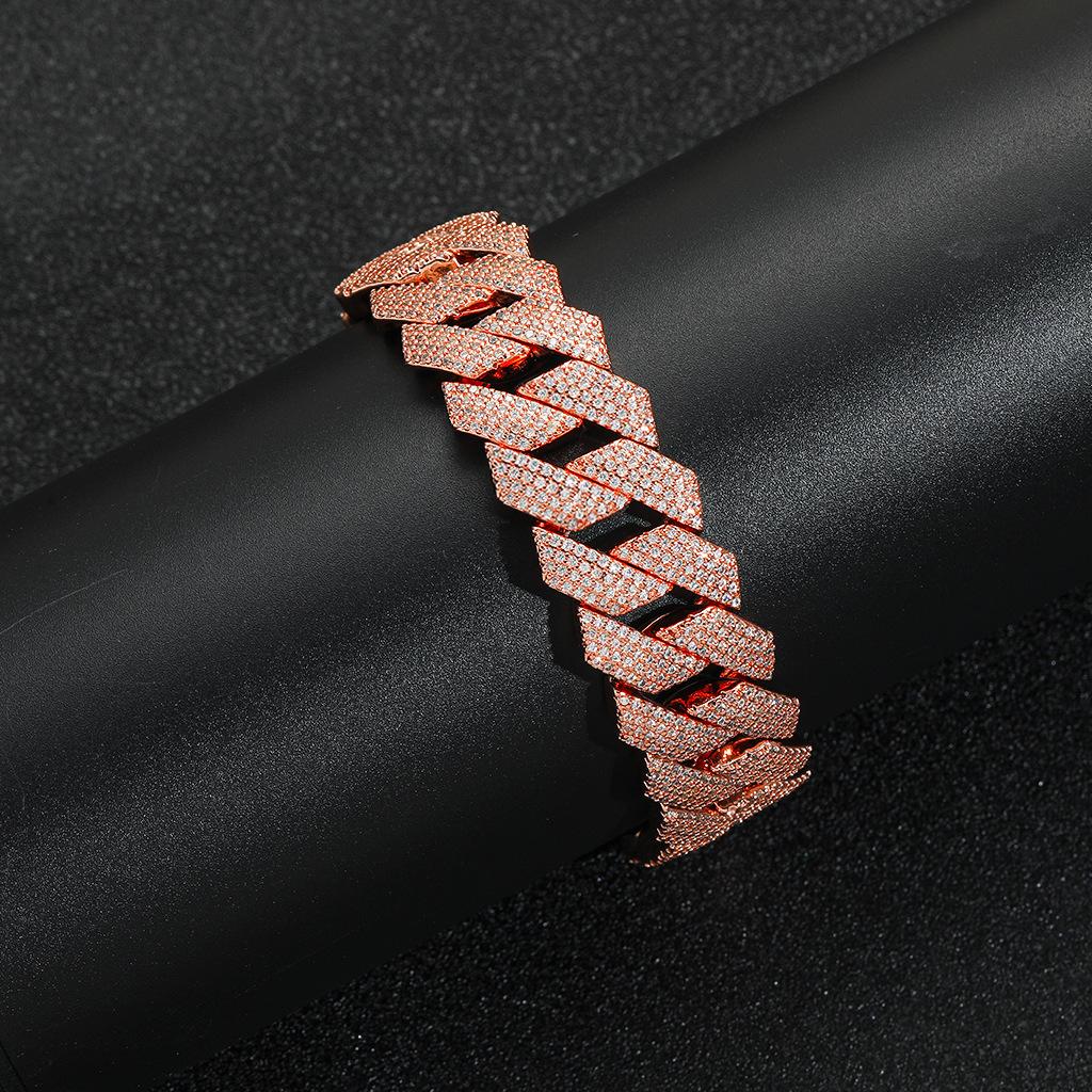 BES Personalized Hip Hop Jewelry 18mm Wide Bling CZ Iced Out Rhombus Rose Gold Plated Flat Miami Cuban Chain Bracelet