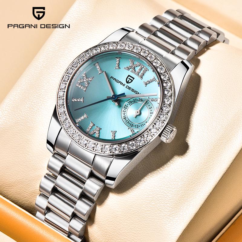 PAGANI DESIGN Damen-Uhr 32MM Wasserdicht Edelstahl mit Diamant-Zifferblatt und Kalender