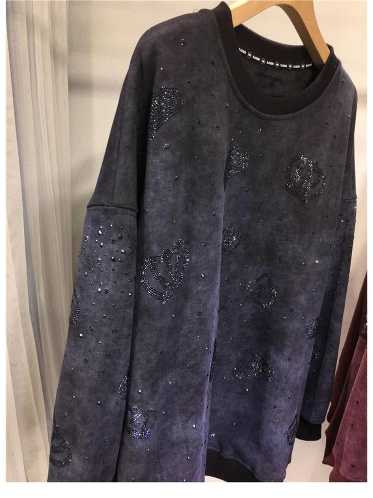 European Crown Hotfix Diamond Sweater - Plus Size, Velvet-Lined, Round Neck, Long Sleeve Luxury Top