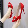 Sexy Patent Leather Temperament High Heels Women's Thin Heels Shallow Mouth Pointed Square Buckle Single Shoes Women