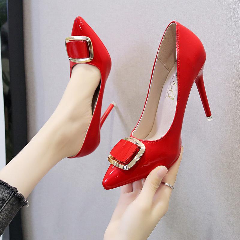 Sexy patent leather temperament high heels women's thin heels shallow mouth pointed square buckle single shoes women