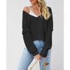 MGHR Women's Fashion Casual Solid Color Print Autumn Winter Long Sleeve V-Neck Loose Sweaters