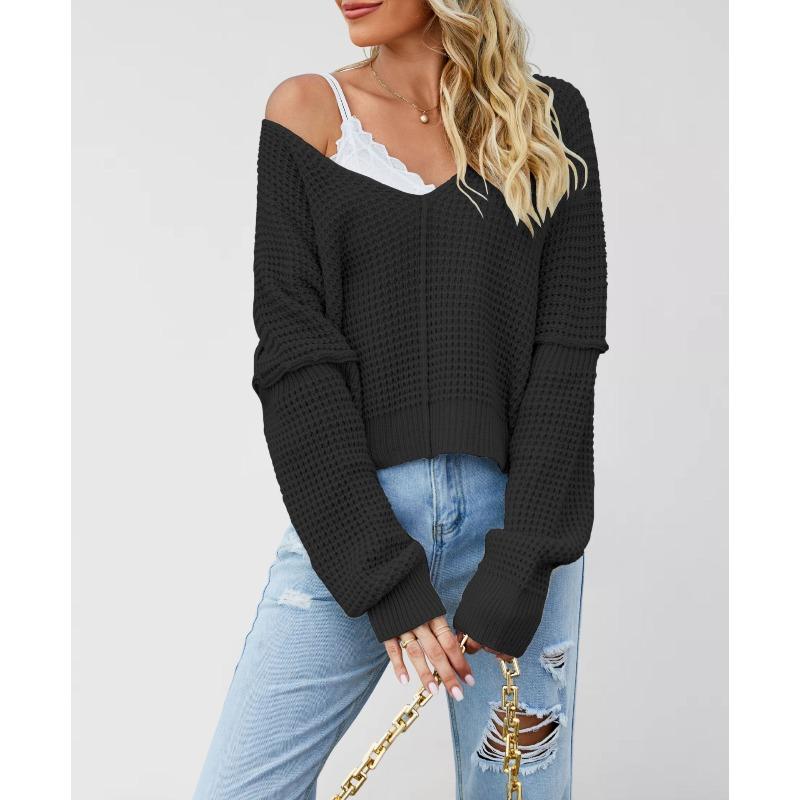 MGHR Women's Fashion Casual Solid Color Print Autumn Winter Long Sleeve V-Neck Loose Sweaters