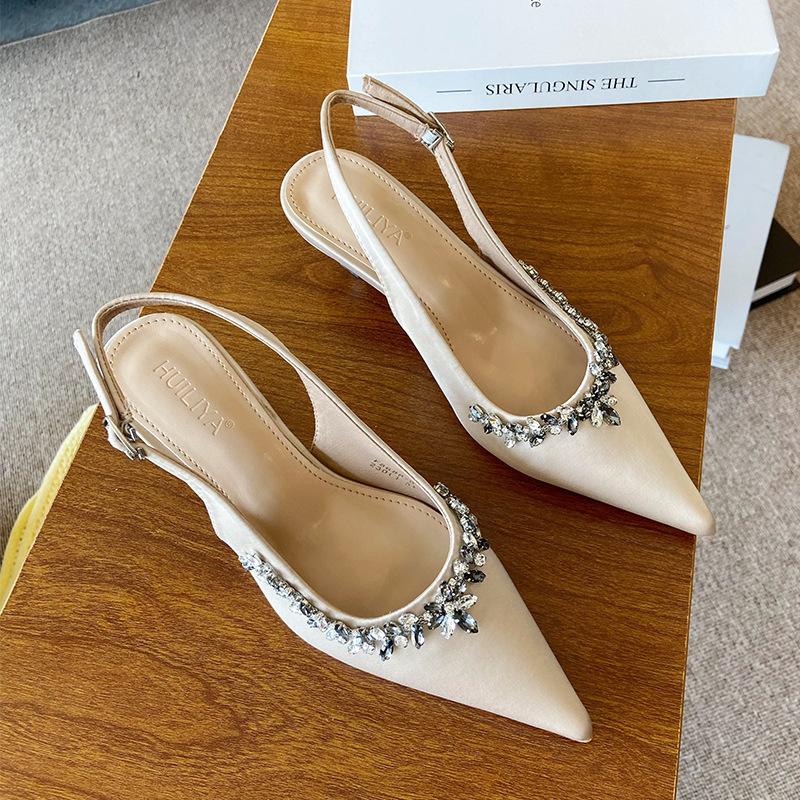 

F8688-6 sexy empty shoes 2025 new small fragrant style high heels thin heel French temperament pointed rhinestones 40 абрикосовый