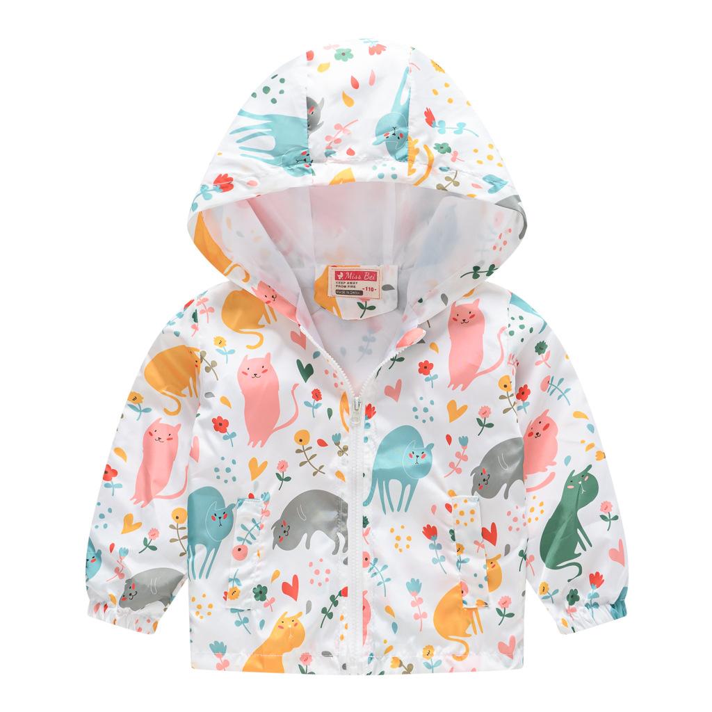 Toddler Kids Cartoon Print Hooded Jacket Boys Girls Lightweight Windproof Zip Up Casual Outerwear Coat