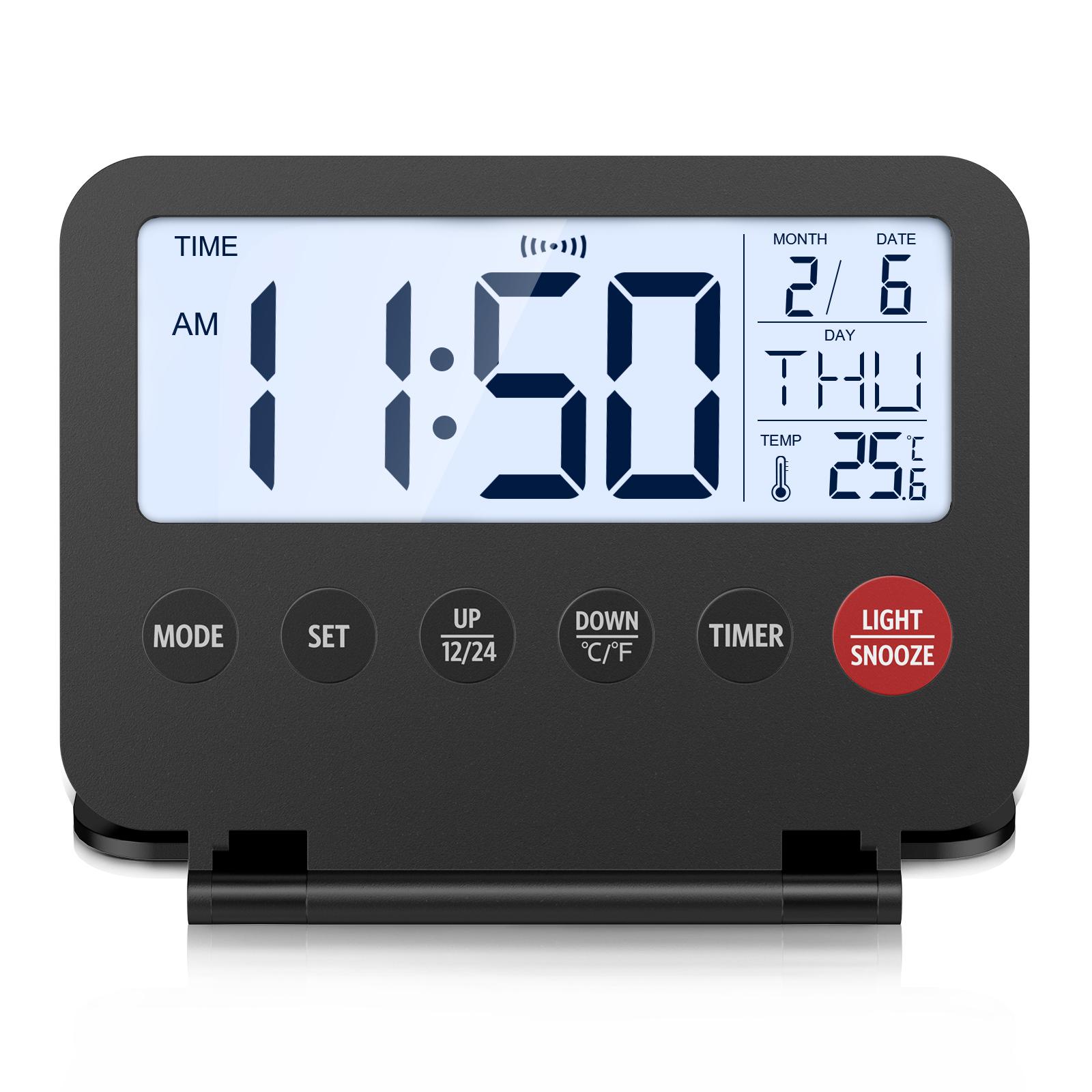 ORIA Цифровой дорожный будильник Маленький складной будильник на батарейках ЖК-дисплей настольные часы для путешествий деловых поездок домой чёрный