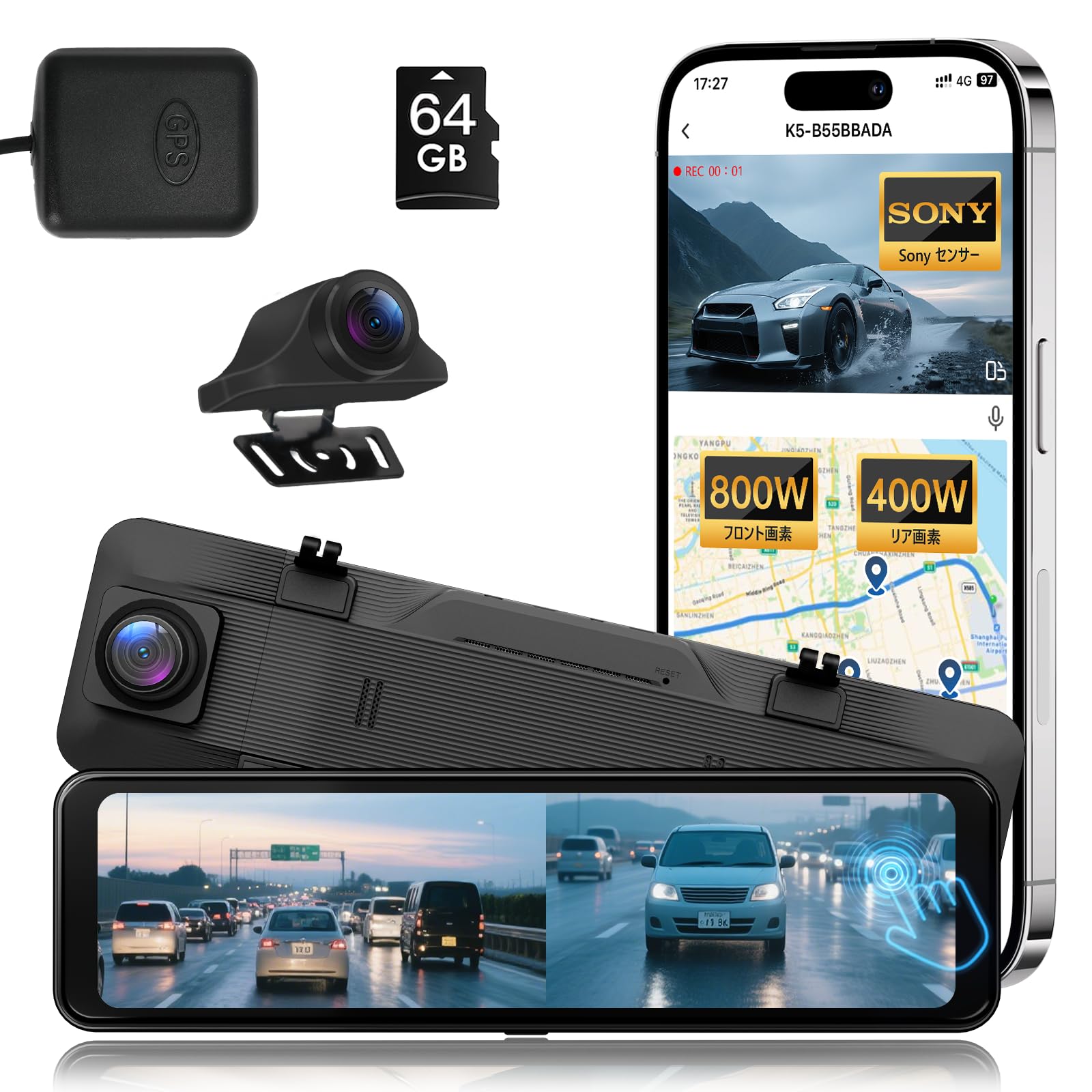 

Видеорегистратор K5 с передней и задней камерами 8 МП 4 МП Sony IMX335 Приложение ADAS Усовершенствованная система помощи водителю BSD Обнаружение приближения сбоку Парковочный LED-сигнал Поддержка чёрный