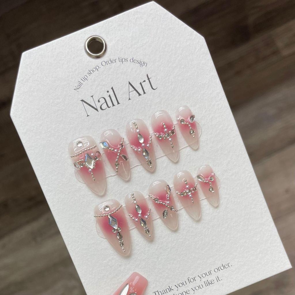 Blush Handmade Press-On Nails with Glitter, Diamonds & Steel Beads - Trendy Ice Transparent Nail Art for a Glam Look.