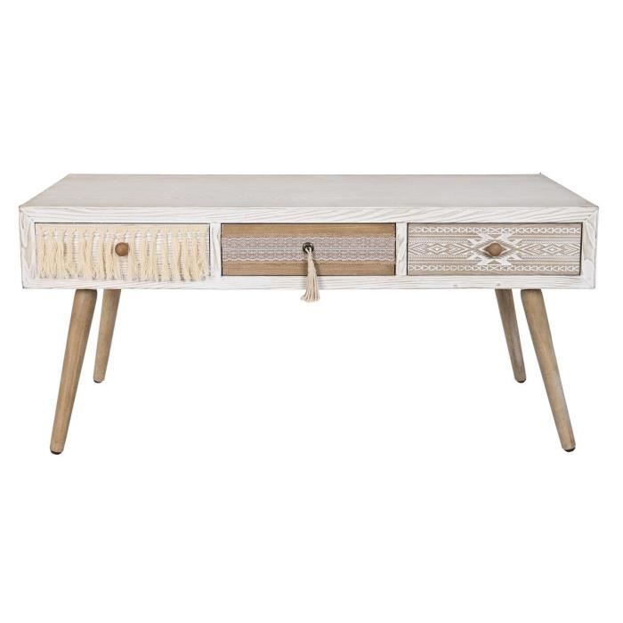 Table basse - Naturel - 110 cm - Bois massif - Coton - Style boho blanc