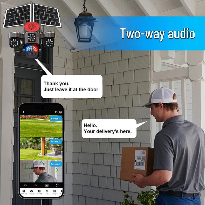 4G Solar-Powered HD Quad-Lens Outdoor Camera with Real-Time Voice Intercom and Full-Color Night Vision