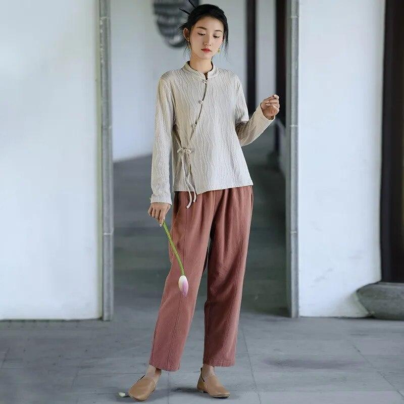 Johnature Chinese Style Vintage Frenulum Jacquard Collar Shirt Autumn Woman Solid Color Long Sleeves Shirt