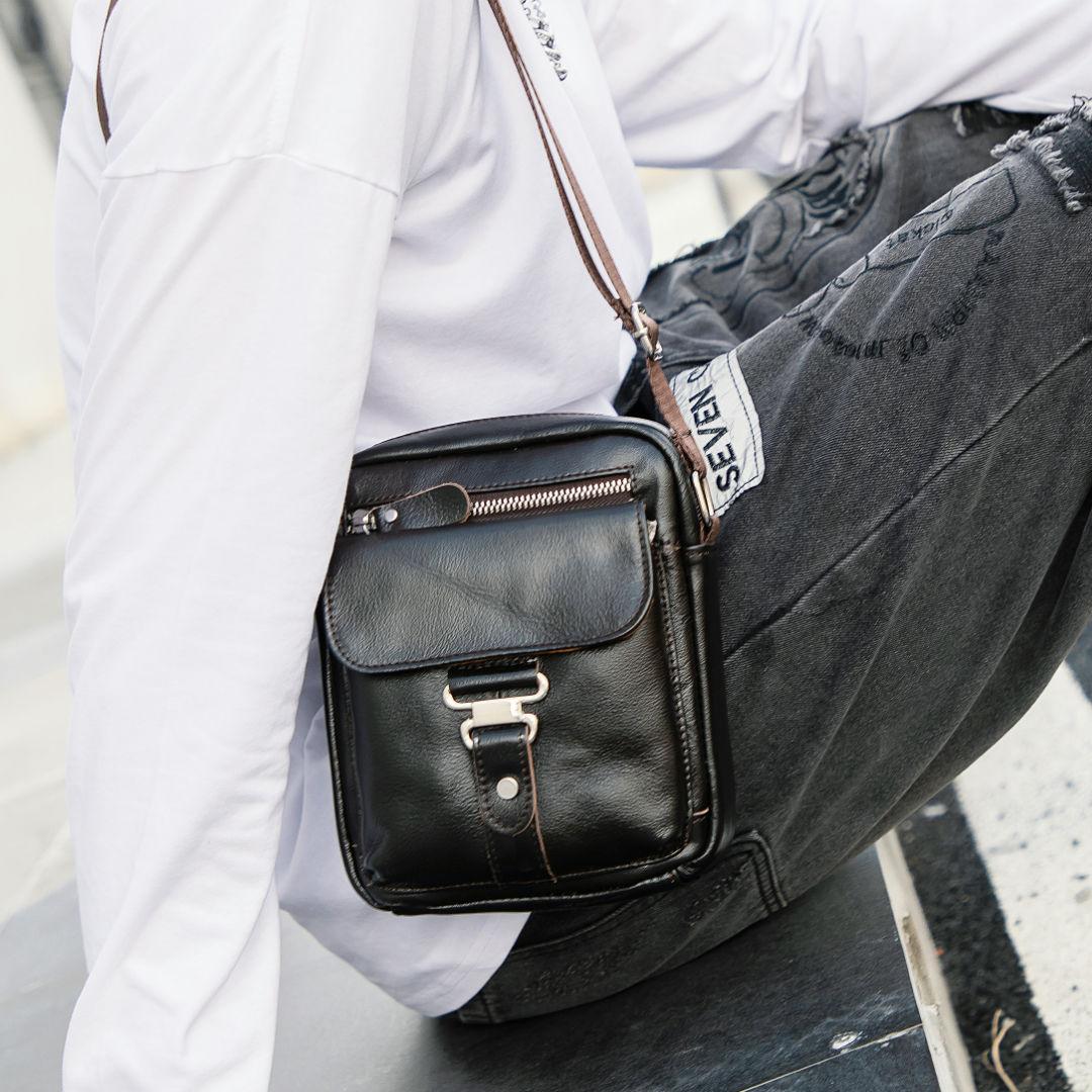 

Первый слой коровьей кожи сумка через плечо мужская коровья кожаная сумка-мессенджер повседневная вертикальная деловая мужская сумка модный тренд 16cm*8cm*19cm чёрный