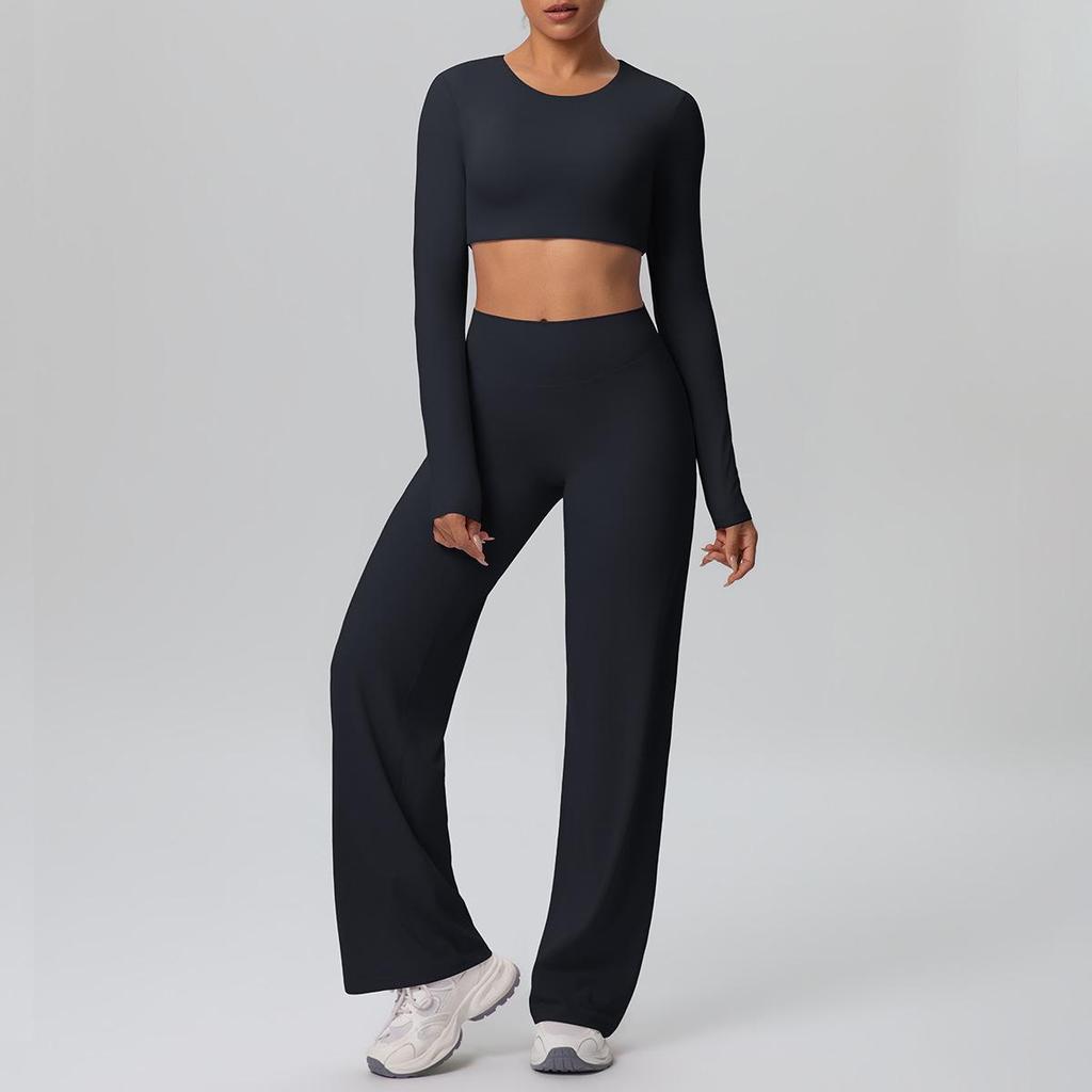 European Sportswear Yoga Set: Long Sleeve Top with Chest Pads and Breathable Straight-Leg Pants for Women