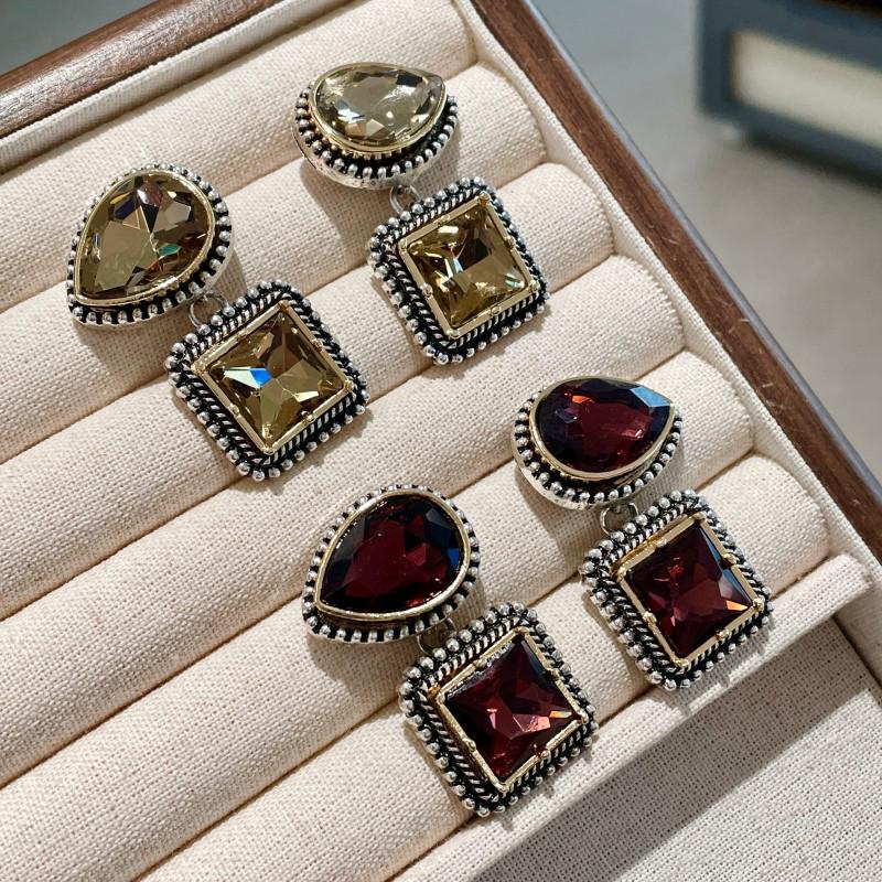 Vintage Crystal Patchwork Water Drop Geometric Rhinestone Earrings for Women