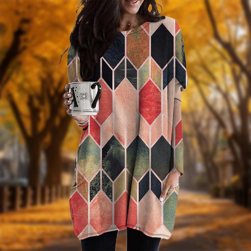 Neu Herbst Edelstein Print Übergröße Kleid Damen O-Ausschnitt Lange Ärmel Lässig Taschen Kleider