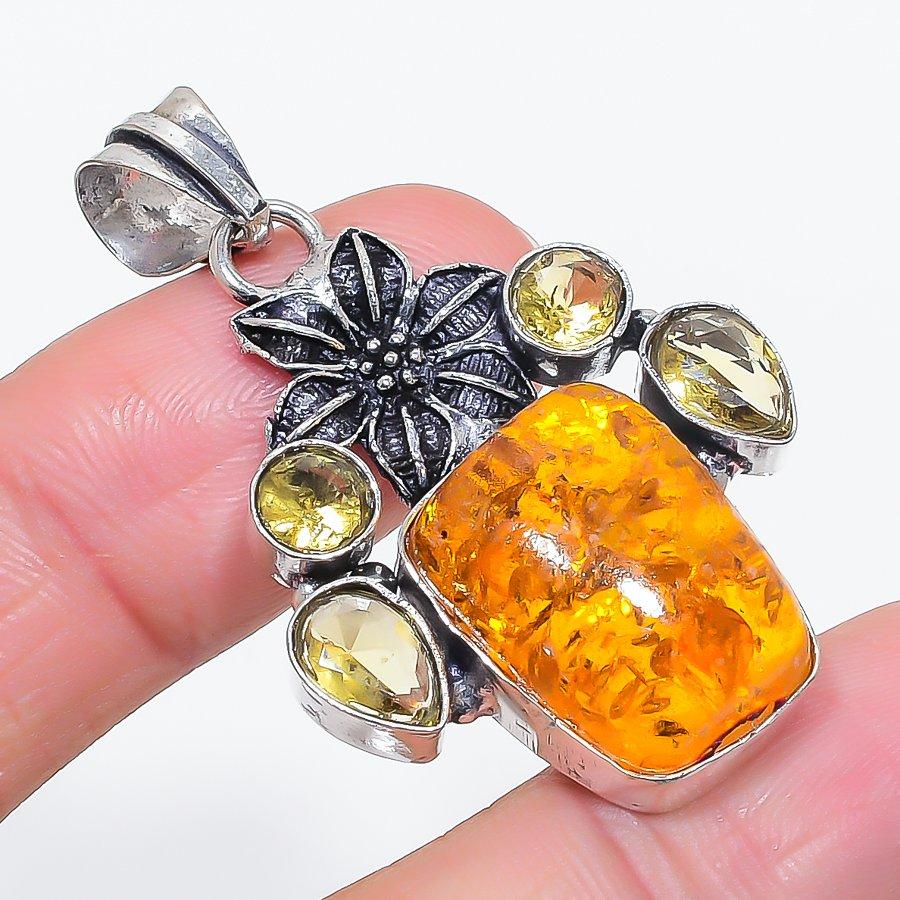 

Natural Baltic Amber, Citrine 925 Sterling Silver Jewelry Pendant 1.89 v7y61