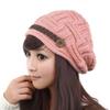 Women Winter Knitted Braided Beanie Hats Cabled Checker Pattern Hat Beret Slouchy Button Leather Belt Cap