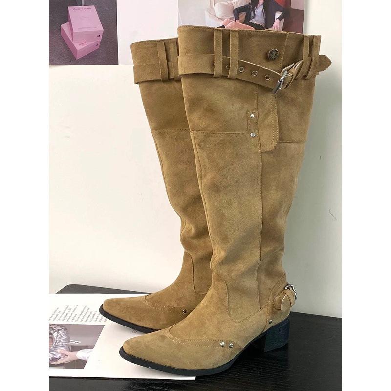 Cowhide Version of Large Tube Circumference Boots for Women, But Knee Thick Heel Knight Boots, Thin Pointed Belt Buckle Folds Piled Up