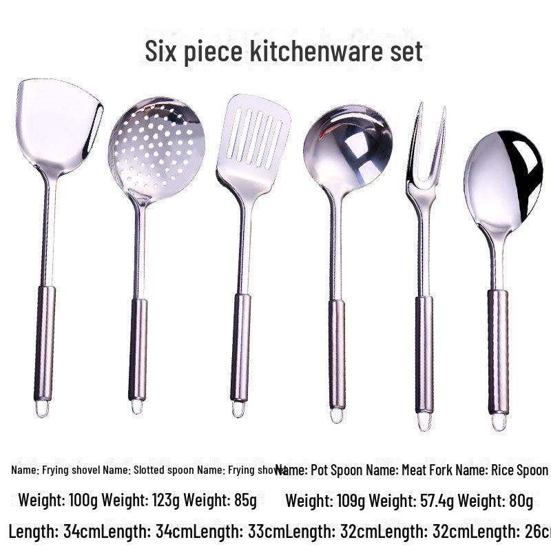 

Набор кухонных принадлежностей из нержавеющей стали: 6 предметов с лопаткой, суповой ложкой, дуршлагом и лопаткой для жарки. Frying spatula