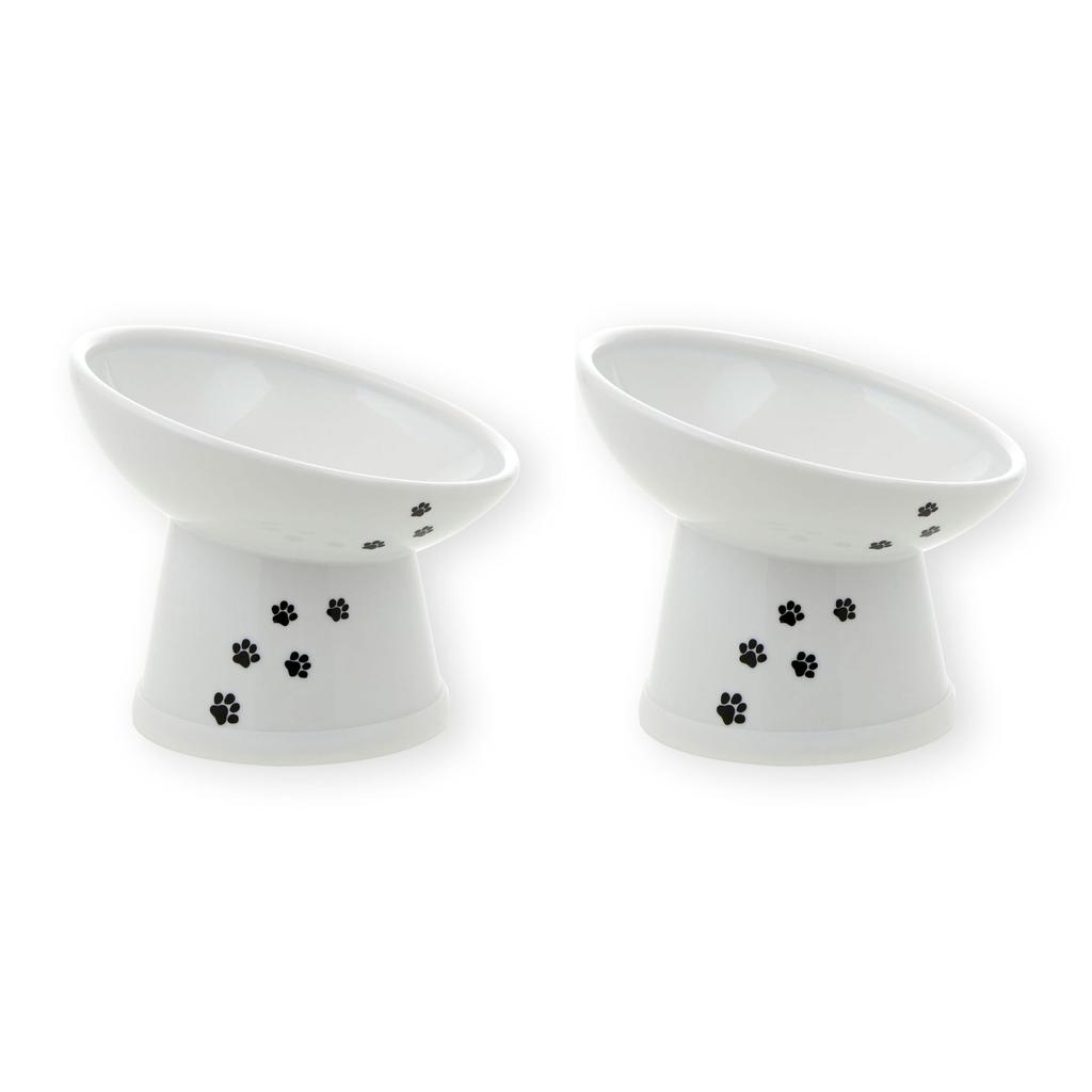 Nekoichi Happy Dining Nyanyame Cat Food Bowl with Legs, Regular, Cat Pattern, Reduces Regurgitation, Microwave & Dishwasher Safe, Set of 2