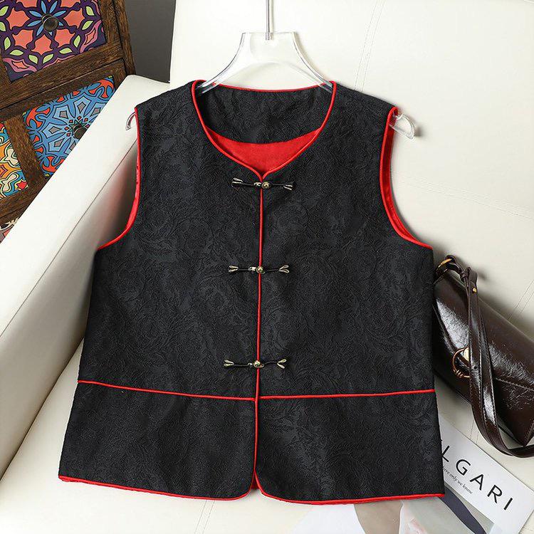 Red Jacquard Frog Button Tang Suit Vest - Chinese Style Spring Festive Waistcoat for Women 2XL (110-125 jin) чёрный