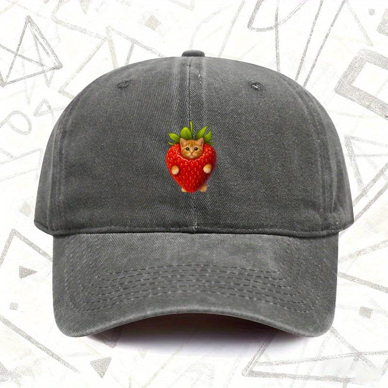 A Vintage Washed Hat Featuring a Strawberry Cat Design Suitable for Both Men And Women This Solid Baseball Cap Is Perfect Fo