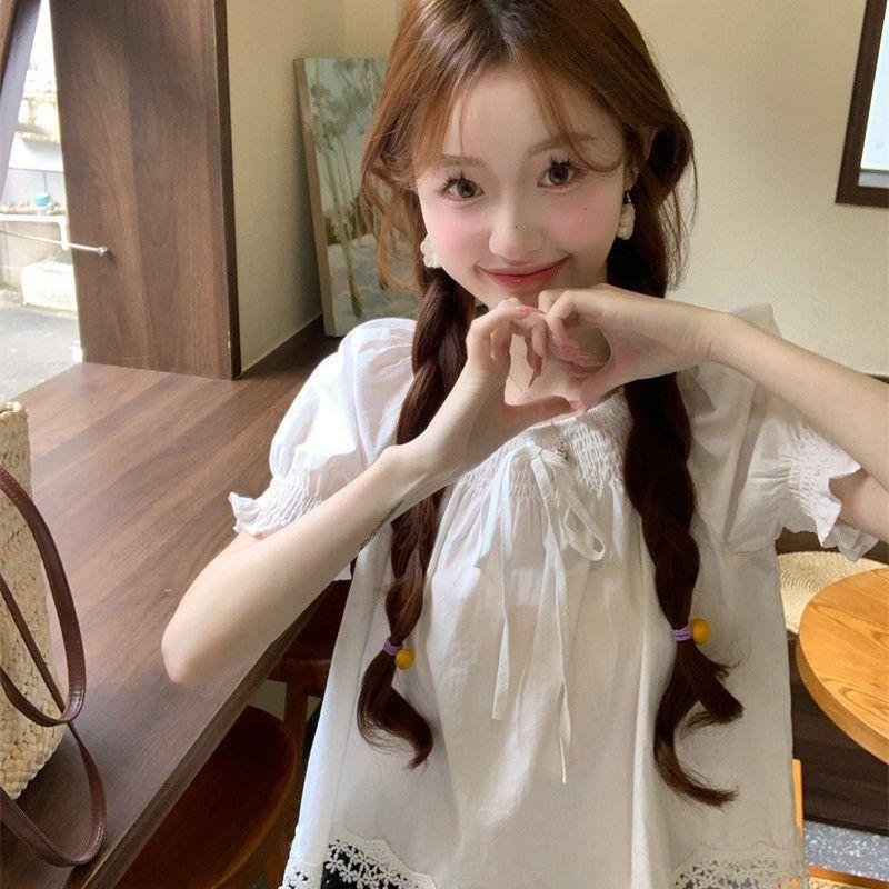 Versatile Bubble Sleeve Age-reducing Lace Edge Short-sleeved Shirt Women's Summer Lace-up Loose Top Bubble Sleeve Top Women's