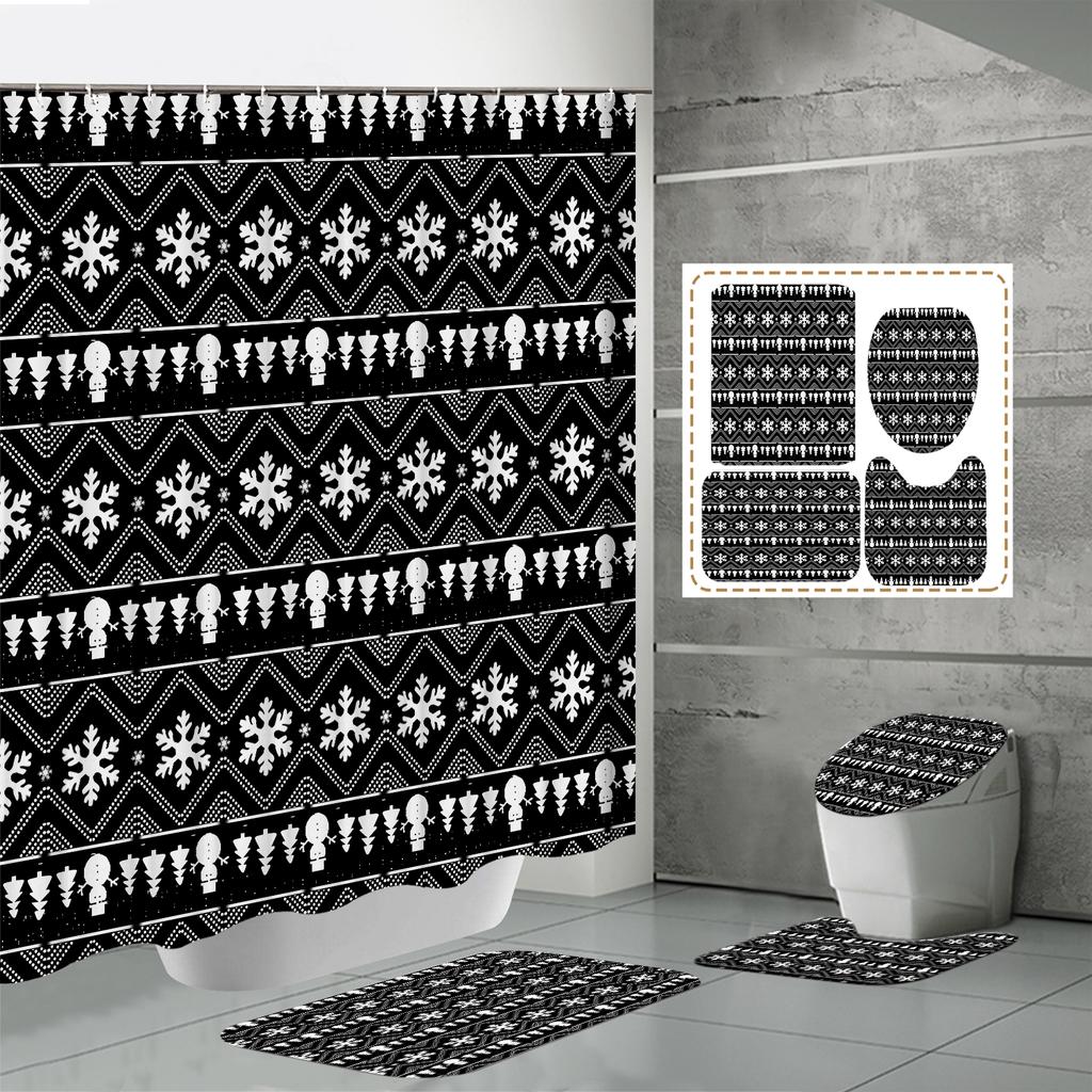 4PCS  Shower Curtain Sets With Shower Curtain And Rugs Toilet Lid Rug U Shape Mat And Bath Mat Bathroom Set  With 12 Hooks