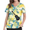 Women's V Neck Medical Scrub Top Hawaiian Print Short Sleeve Side Slit Pockets Nurse Uniform Shirt Lightweight Breathable Fabric